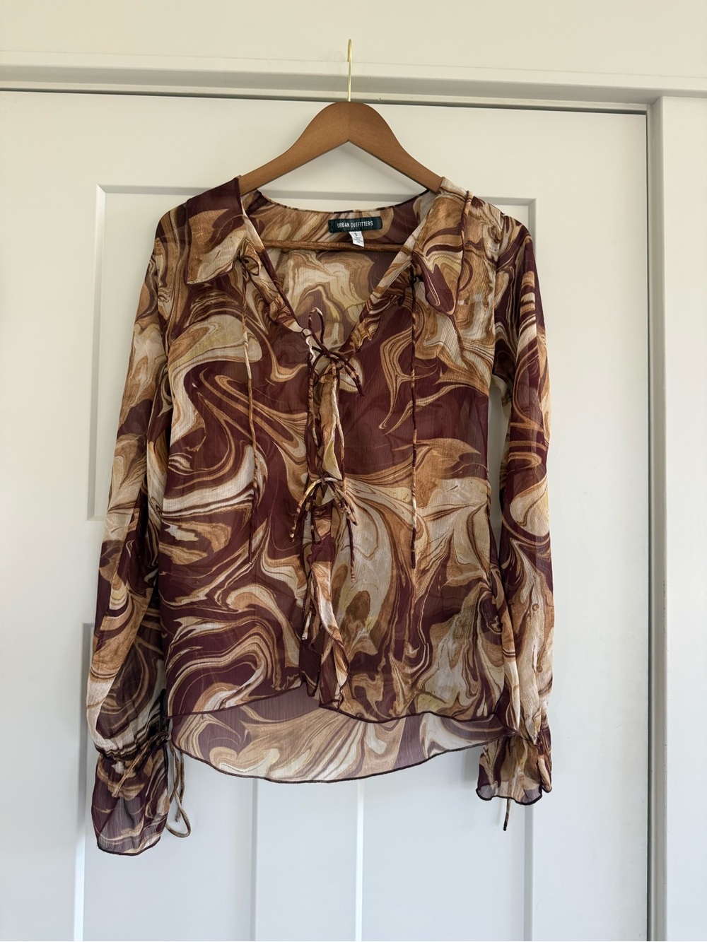 Urban Outfitters UO Misty Marble Tie-Front Gauze Blouse Brown S